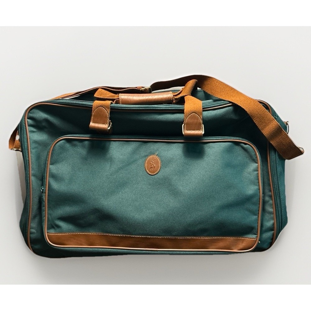 Polo Ralph Lauren‎ Duffle Bag Green Canvas Brown Trim Weekender Travel Luggage